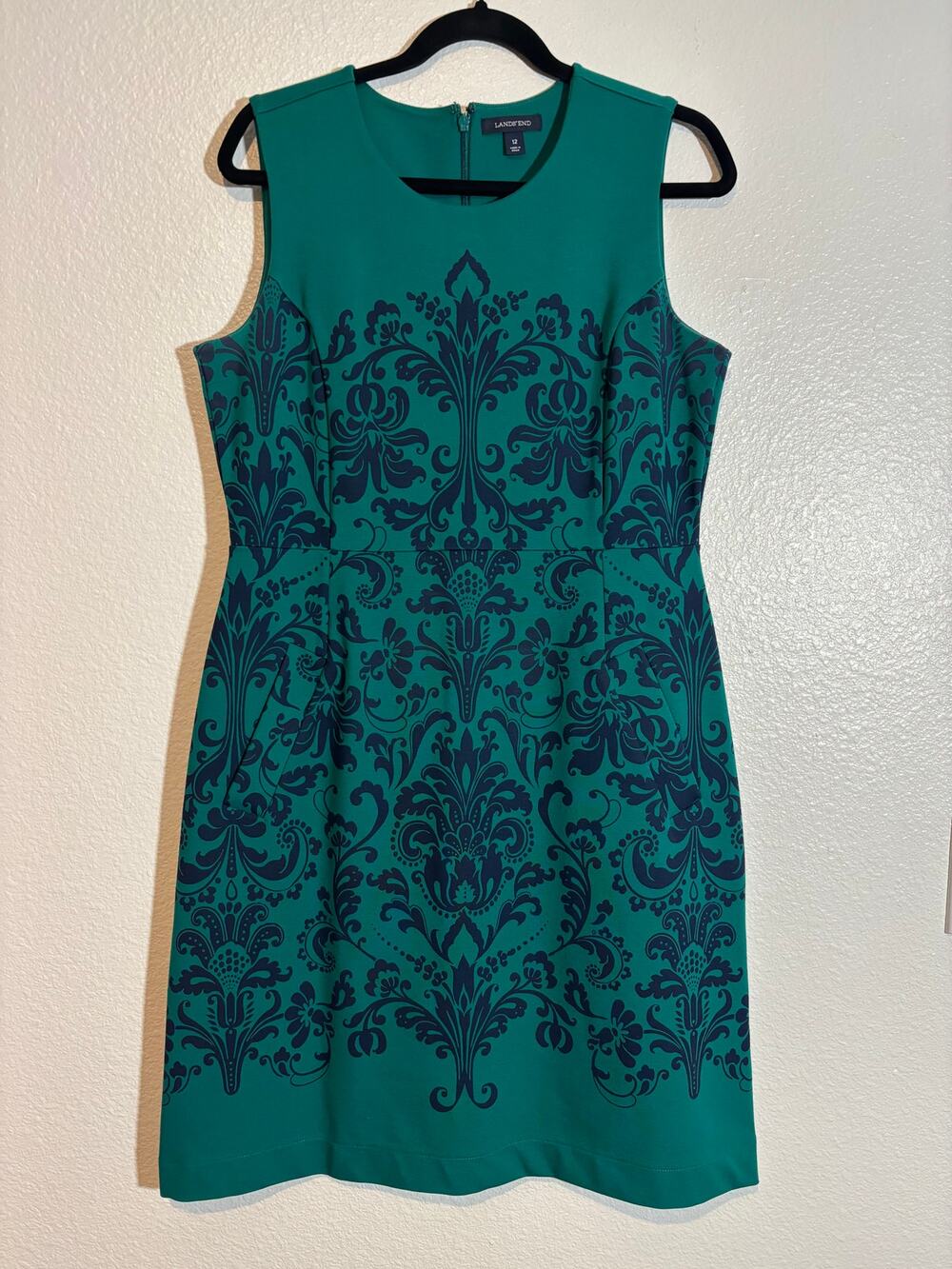 Lands' End Women Size 12 Green Paisley Damask Ponte Knit Professional Work Dress